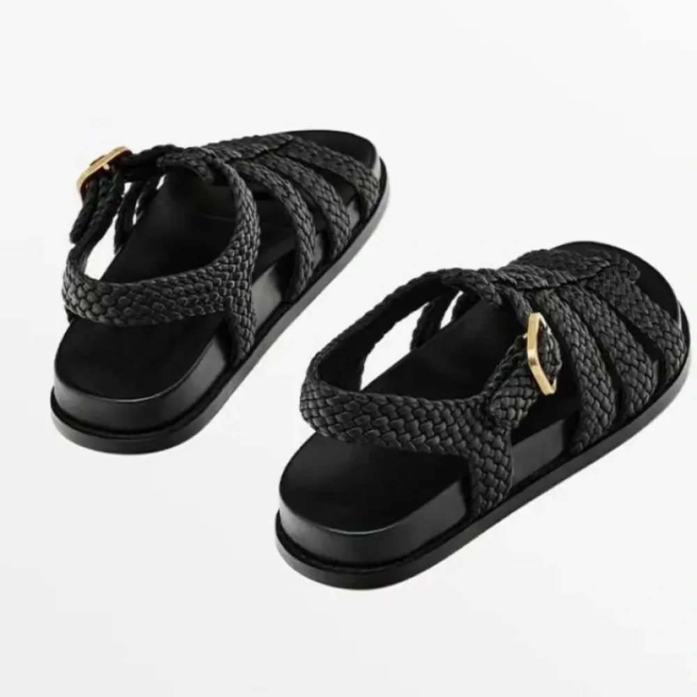 Woven Strap Black Women’s Sandals with Gold Buckle - Picture 3 of 9